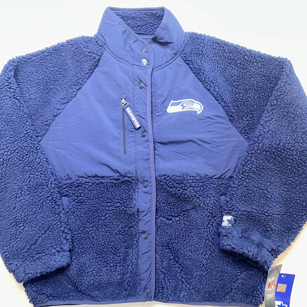 Women's Seattle Seahawks Starter College Navy On the Ball Sherpa Jacket